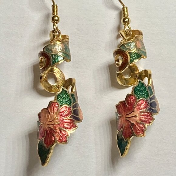 Vintage Cloisonne Hibiscus Flower Earrings Hawaiian Red Floral Enamel Gold Tone - Picture 8 of 11